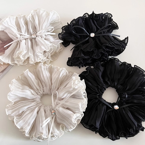 Französischer Stil Große Haargummis Zweilagiger Stoff Mit Rüschen Haargummi Mit Schleife Und Strass Eleganter Pferdeschwanz Halter
