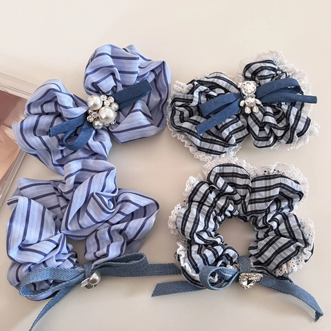Coletero de Tela a Rayas y Cuadros Vintage Con Lazo Diamantes de Imitación Perlas Artificiales Gomas de Pelo Mujer Accesorios Coreanos