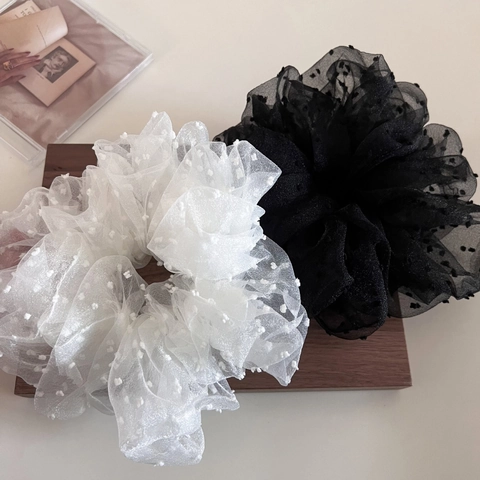Coletero de Malla Esponjosa de Tamaño Grande con Lunares para Mujer Estilo Francés Suave Cinta para el Pelo Elegante