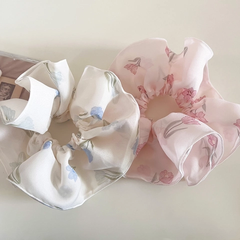 Coleteros Grandes con Estampado de Tulipanes Dulces para Mujer Gomas de Gasa Elásticas para el Pelo Accesorios Estilo Francés