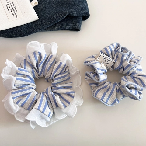 Chouchou en Tissu à Rayures Style Coréen pour Femmes Bord en Dentelle Élastique à Cheveux Ponytail Holder Accessoires