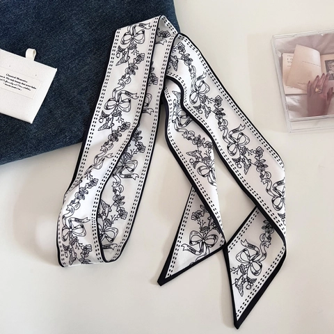 Vintage Black White Floral Paisley Print Satin Ribbon Hair Scarf Multi-functional Long Narrow Neck Scarf For Women Accessories