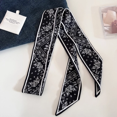 Vintage Black White Floral Paisley Print Satin Ribbon Hair Scarf Multi-functional Long Narrow Neck Scarf For Women Accessories