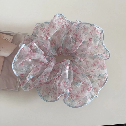 Women Romantic Floral Organza Jumbo Scrunchies Korean Sweet Fresh Flower Pattern Oversized Hair Ties Hair Accessories