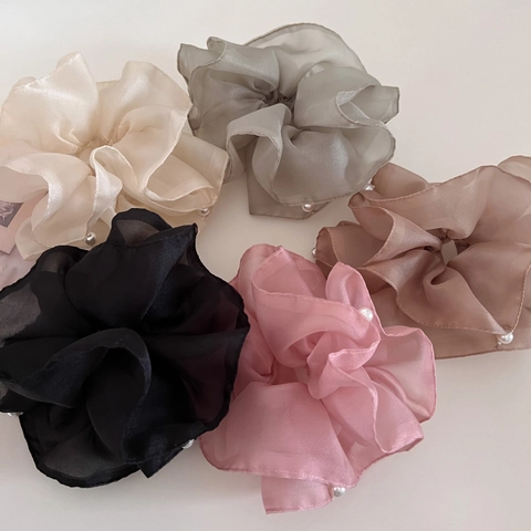 Elegantes Coleteros de Organza de Malla de Doble Capa con Perlas Artificiales Lazo para el Cabello Grande para Mujer Accesorios