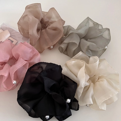 Elegantes Coleteros de Organza de Malla de Doble Capa con Perlas Artificiales Lazo para el Cabello Grande para Mujer Accesorios