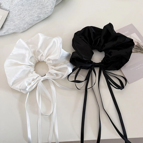 Coletero de Satén Estilo Francés Con Lazo de Cinta y Cinta Larga Elegante Negro Blanco Grande Corbata para el Pelo Mujer Accesorios para el Pelo