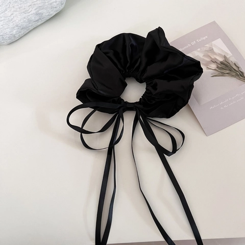 Coletero de Satén Estilo Francés Con Lazo de Cinta y Cinta Larga Elegante Negro Blanco Grande Corbata para el Pelo Mujer Accesorios para el Pelo