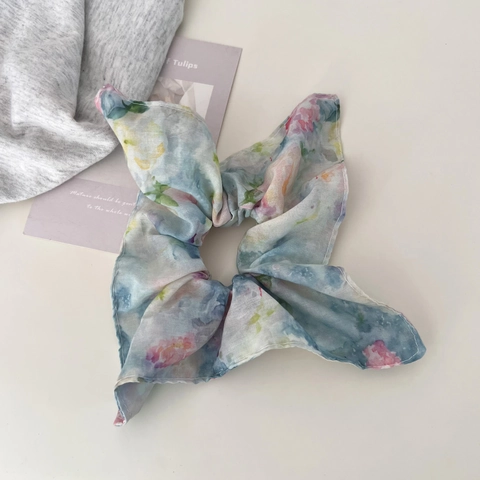 Chouchou à Nœud Floral Style Peinture à l'Huile Vintage Élastique à Cheveux Élégant en Tissu Accessoires Cheveux pour Femmes