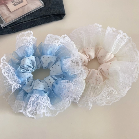 Scrunchie in Pizzo a Pois Oversize in Stile Coreano per Donna Dolce Chiffon Increspato Accessori per Capelli in Tessuto