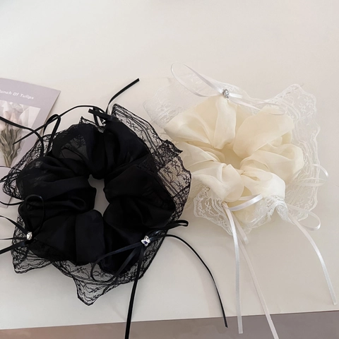 Coleteros de Malla Grandes Estilo Francés Para Mujer Elegantes Gomas de Pelo de Organza Con Lazo de Cinta Strass Accesorios