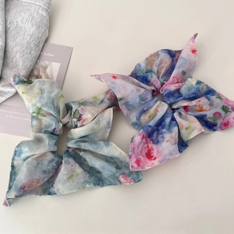 Chouchou à Nœud Floral Style Peinture à l'Huile Vintage Élastique à Cheveux Élégant en Tissu Accessoires Cheveux pour Femmes