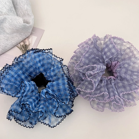 Elastico per Capelli Grande in Stile Coreano con Pizzo in Rete a Quadri Elegante Chouchou Arricciato per Donna
