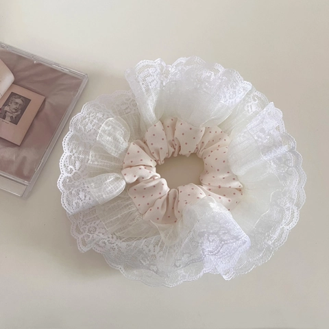 Scrunchie in Pizzo a Pois Oversize in Stile Coreano per Donna Dolce Chiffon Increspato Accessori per Capelli in Tessuto