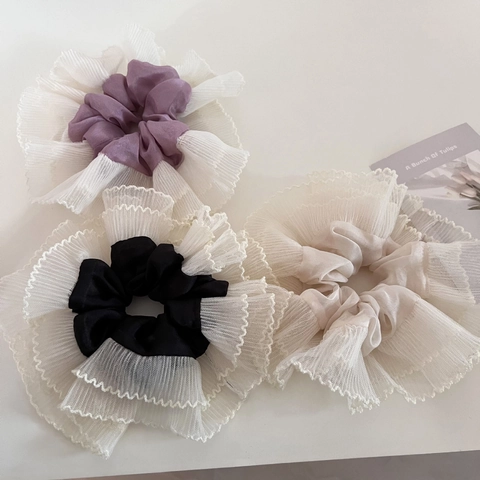 Coletero Francés Extragrande De Malla Con Volantes Flor De Tela De Satén Lazo Elástico Para El Cabello Para Mujer
