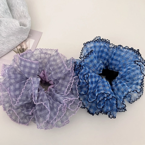 Elastico per Capelli Grande in Stile Coreano con Pizzo in Rete a Quadri Elegante Chouchou Arricciato per Donna