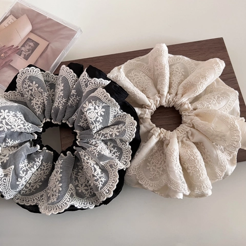 Scrunchies Oversize in Pizzo Retrò Francese Ricamati Elastici per Capelli in Raso Floreale per Donna Accessori Capelli Vintage