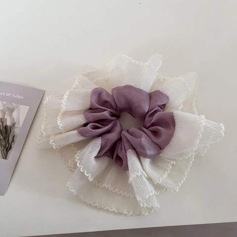 Coletero Francés Extragrande De Malla Con Volantes Flor De Tela De Satén Lazo Elástico Para El Cabello Para Mujer