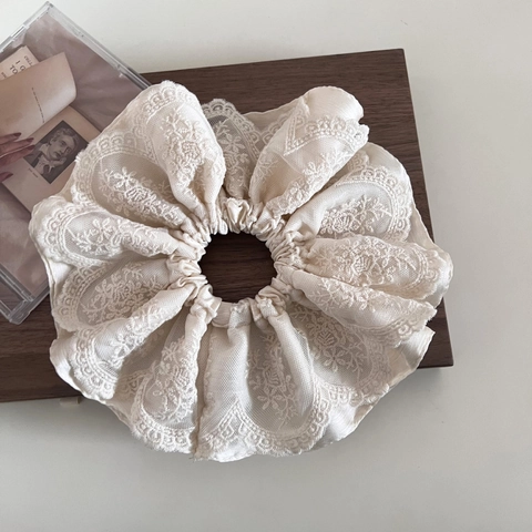 Scrunchies Oversize in Pizzo Retrò Francese Ricamati Elastici per Capelli in Raso Floreale per Donna Accessori Capelli Vintage