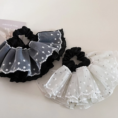 Coleteros de Encaje de Lunares Grandes Elegantes Gomas de Pelo de Malla Vintage Estilo Coreano Accesorios de Pelo con Volantes para Mujeres