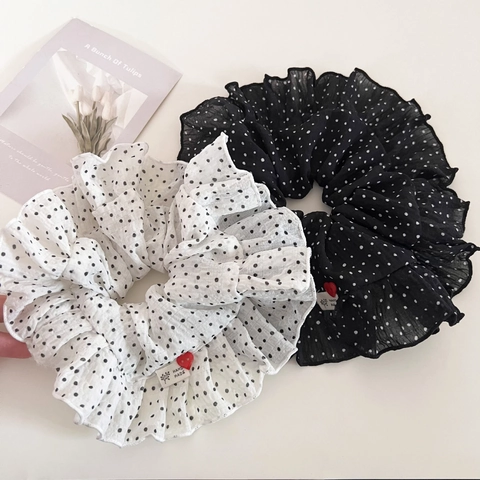 Coleteros de Lunares con Volantes Estilo Coreano para Mujer Dulce Goma de Pelo Grande de Gasa Hecha a Mano con Amuleto de Corazón