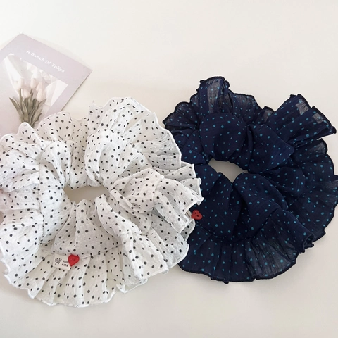 Coleteros de Lunares con Volantes Estilo Coreano para Mujer Dulce Goma de Pelo Grande de Gasa Hecha a Mano con Amuleto de Corazón