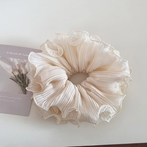 Übergroßes Plissee Rüschen Beige Haargummi Koreanischer Stil Stoff Haarseil Für Damen Elegante Elastische Ponytail Halter Haarschmuck