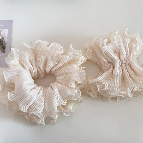 Übergroßes Plissee Rüschen Beige Haargummi Koreanischer Stil Stoff Haarseil Für Damen Elegante Elastische Ponytail Halter Haarschmuck