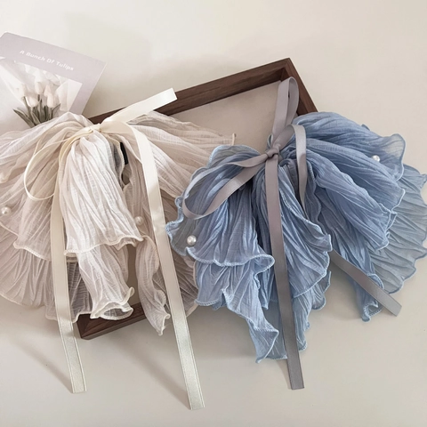 Elegante Elastico per Capelli Francese in Tessuto Plissettato con Perle Artificiali Fiocco Pinza per Capelli Cerchietto Donna