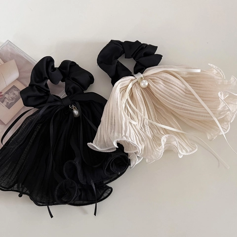 Elastico Per Capelli In Rete Plissettata Con Fiocco E Perla Artificiale Elegante Doppia Fascia Per Donna Accessori