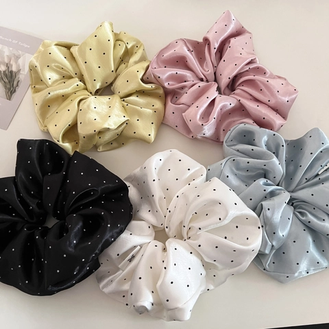 Franse Parelglans Satijn Stippen Scrunchie Oversized Elegante Haarelastiek Voor Dames Retro Stippenpatroon Elastische Haaraccessoire