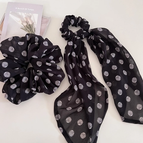 Elegante Elastico per Capelli in Tessuto a Pois per Donna Orecchino a Bottone Retrò Elastico Versatile per Coda di Cavallo con Nastro