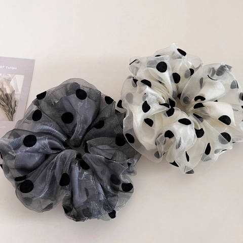 Chouchous Élégants à Pois en Organza Double Couche en Maille Vintage Attaches de Queue de Cheval pour Femmes Accessoires de Cheveux
