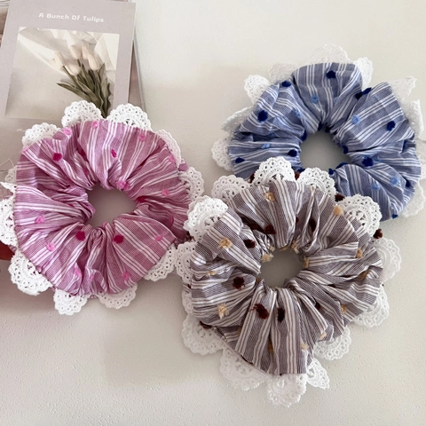 Scrunchies in Pizzo a Righe Fatti a Mano Con Design a Pois Pom-Pom Stile Coreano Lacci per Capelli in Tessuto per Donna Accessori