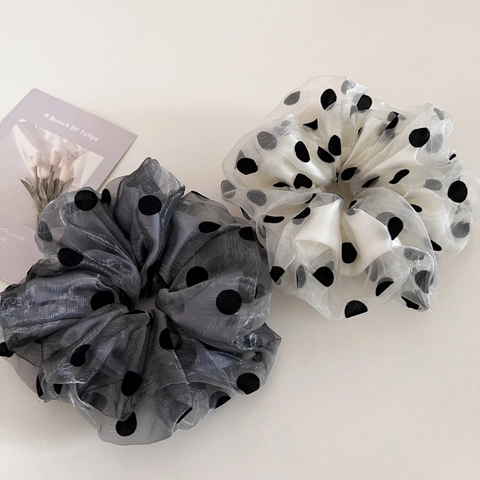 Chouchous Élégants à Pois en Organza Double Couche en Maille Vintage Attaches de Queue de Cheval pour Femmes Accessoires de Cheveux