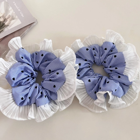 Chouchou Style Coréen Rayures Bleues Et Blanches Imprimé Cœur Grand Avec Bord À Volants Plissés Mode Douce Pour Femme