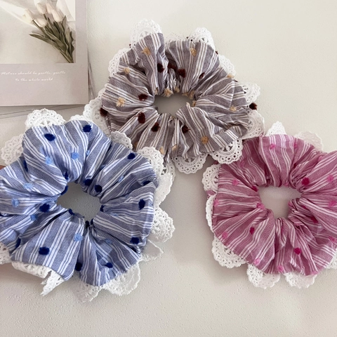 Handmade Striped Lace Scrunchies With Pom Pom Polka Dot Design Korean Style Fabric Hair Ties For Women Girls Accessories