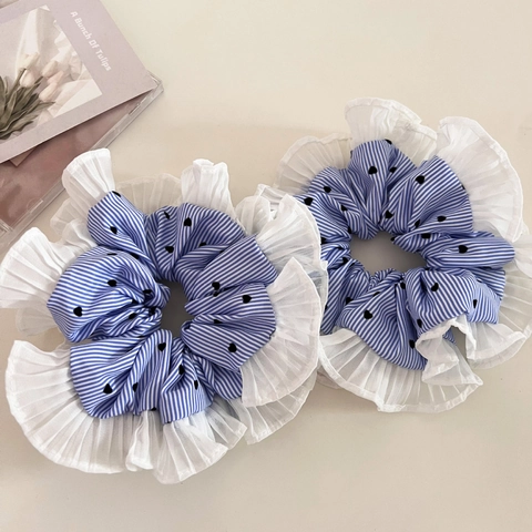 Chouchou Style Coréen Rayures Bleues Et Blanches Imprimé Cœur Grand Avec Bord À Volants Plissés Mode Douce Pour Femme