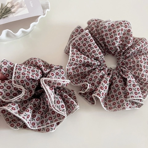 Vintage Floral Fabric Scrunchies Retro French Style Flower Print Large Hair Ties For Women Elegant Ponytail Elastic Hair Bands