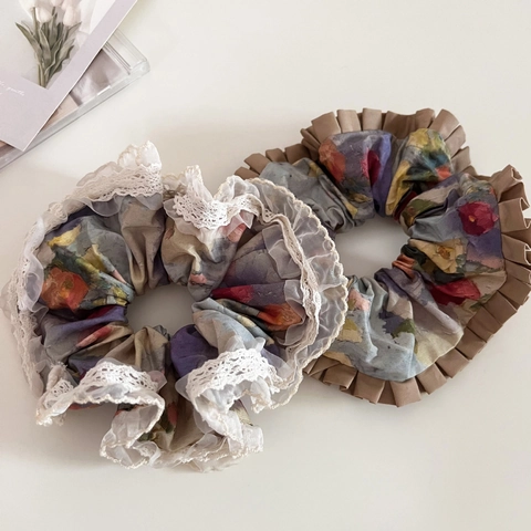Coleteros de Tela con Estampado Floral de Pintura al Óleo Vintage para Mujer Hechos a Mano con Borde de Encaje Plisado