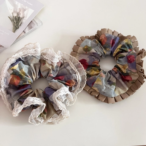 Coleteros de Tela con Estampado Floral de Pintura al Óleo Vintage para Mujer Hechos a Mano con Borde de Encaje Plisado