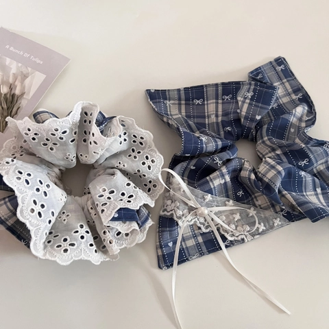 Elastici per Capelli Vintage a Quadri Blu con Pizzo per Donna Stile Coreano Fiocco Cuore Tessuto con Perla Artificiale