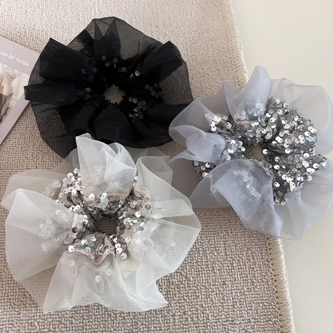 Elegant Organza Sequin Scrunchies For Women Fashion Large Oversized Mesh Ponytail Holder Shiny Pleated Hair Tie Accessories