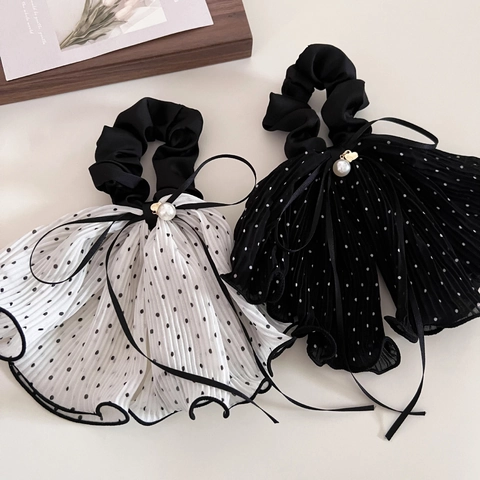 Scrunchie a Pois Plissettato in Stile Francese Con Fiocco a Nastro Perla Artificiale Ciondolo a Cuore Elegante Elastico per Capelli Donna