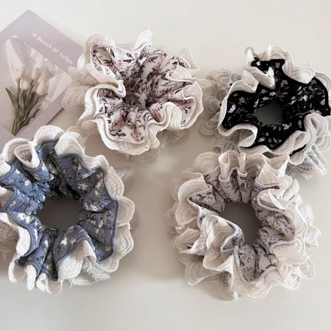 Chouchous en Dentelle Florale Douce de Style Coréen Élastiques à Cheveux à Fleurs Botaniques Vintage pour Femmes