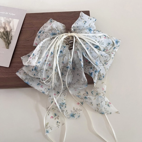 Molla per Capelli Francese in Chiffon con Fiocco e Nastri Pendenti Stampa Floreale Stile Fata Dolce Accessorio Capelli Donna