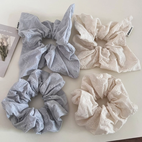 Scrunchie in Stile Coreano in Cotone e Lino Con Ricamo Floreale Grande Elastico per Capelli in Tessuto Dolce Per Donna Accessori