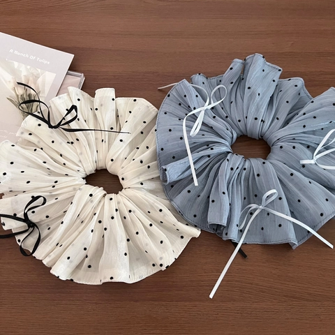 Stile Coreano Elegante Scrunchie Grande con Fiocco a Pois Beige Grigio Blu Elastico per Capelli in Tessuto Accessorio per Capelli Donna