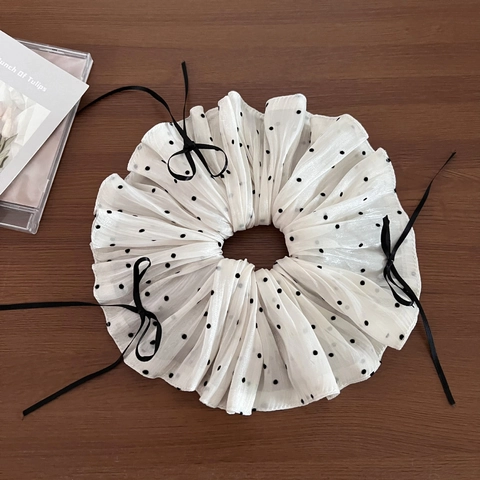Korean Style Elegant Polka Dot Bow Large Scrunchie Beige Gray Blue Fabric Hair Tie Ponytail Holder Hair Accessory For Women