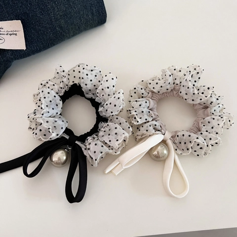 Elastico per Capelli in Organza a Pois Vintage Francese Con Fiocco E Ciondolo di Perla Artificiale Elegante Dolce Elastico per Donna